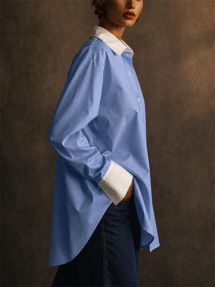 Women Light Blue Contrast Collar Oversized Button Down Shirt