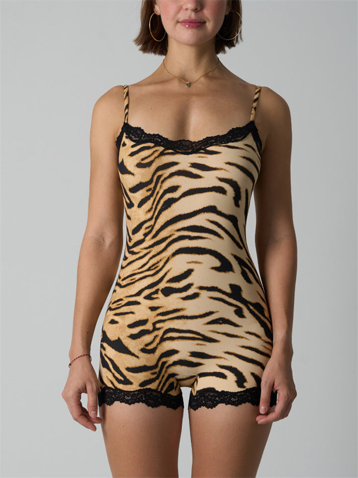Women's Tiger Leopard Print Lace Trim Sexy Bodysuit Romper Shapewear Jumpsuit