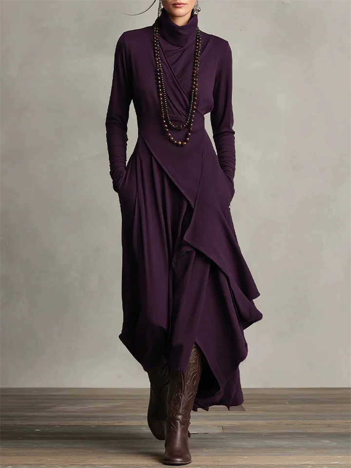 Women's Elegant Casual Long Sleeve High Neck Asymmetric Maxi Dress