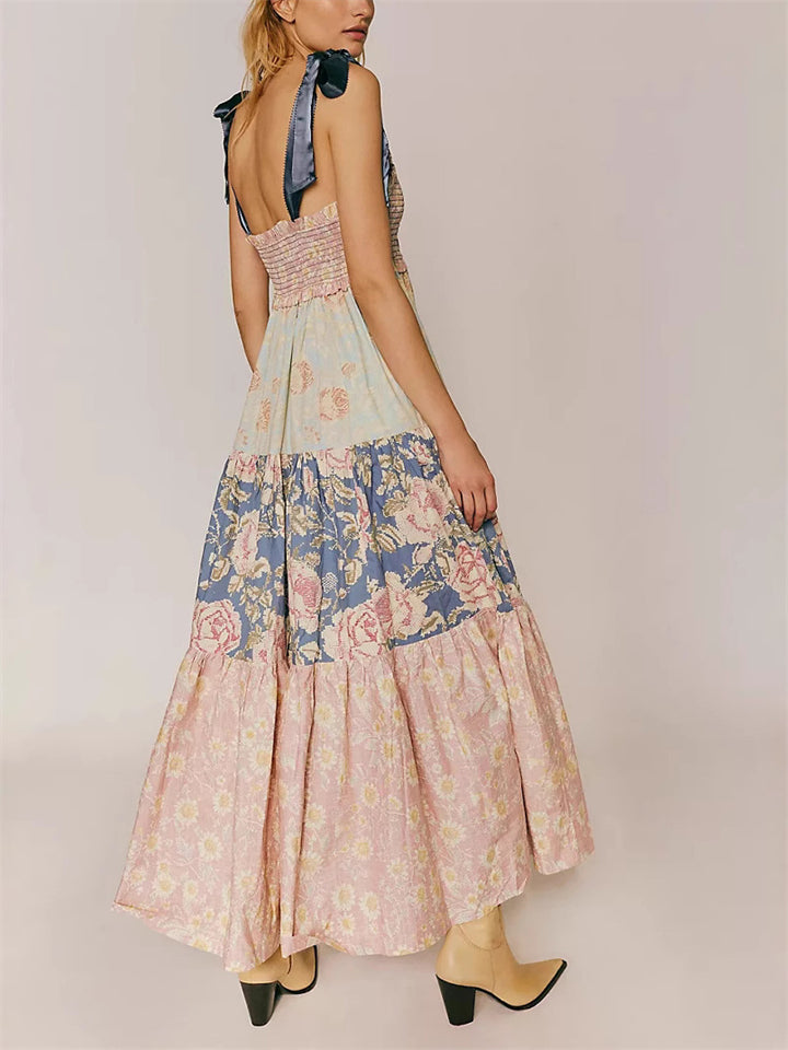 Women's Summer French Style Print Patchwork Strap Dress