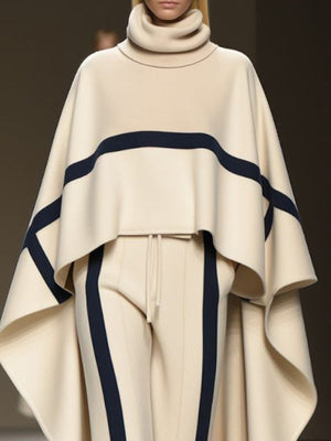 Women's Elegant Turtleneck Raglan Sleeves Color Block Cape and Pants Set