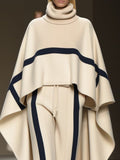 Women's Elegant Turtleneck Raglan Sleeves Color Block Cape and Pants Set