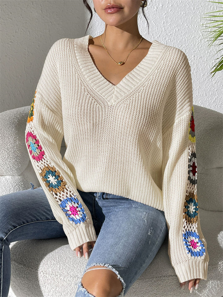 Ladies' Autumn Trendy V Neck Crochet Long Sleeve Sweaters