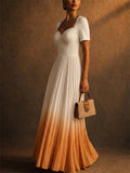 Women Ombre Pleated Sweetheart Neck Short Sleeve Maxi Gown Dress