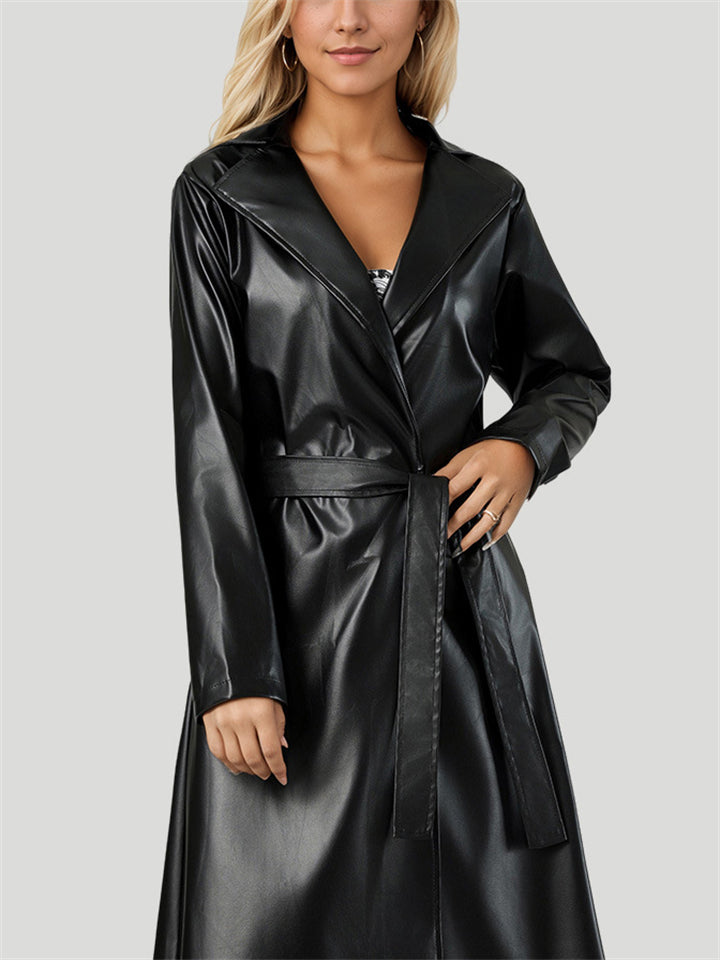 Women's Black Faux Leather Lapel Belted Trench Coat