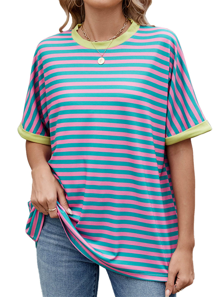 Women's Casual Contrast Color Striped Round Neck Short Sleeve T-Shirts