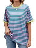 Women's Casual Contrast Color Striped Round Neck Short Sleeve T-Shirts