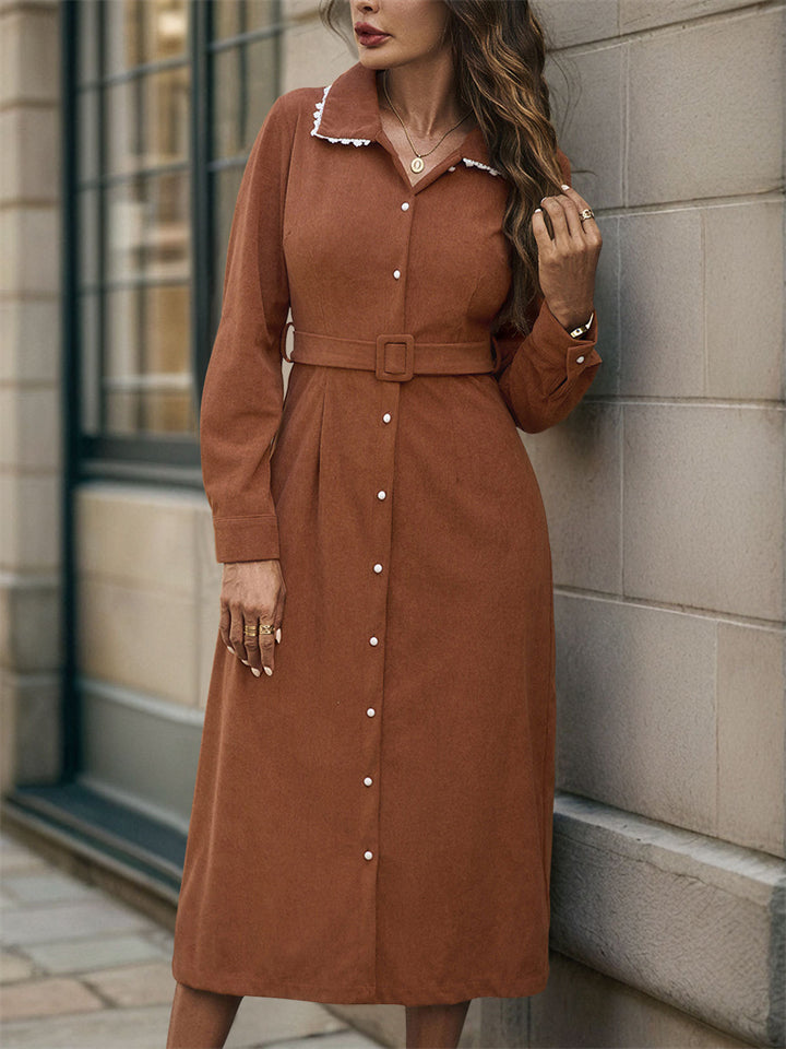 Women's Autumn Vintage Solid Color Contrast Collar Long Sleeve Corduroy Dress