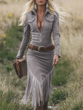 Vintage Autumn Lapel Zip Up Fringe Suede Dress for Women