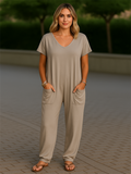 Women's Summer Solid Color V Neck Pockets Drop Crotch Jumpsuits