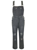 Women's Casual Solid Color Pockets Denim Ripped Jumpsuits