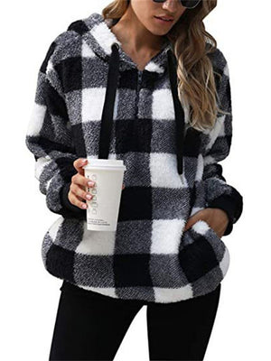 Ladies Fluffy Plaid Oversized Hoodies with Pockets