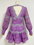 Hollow Trendy Puff Sleeve Patchwork Mini Dress for Lady