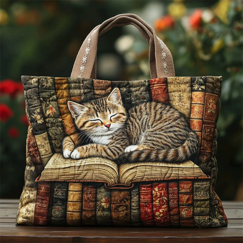 Women's Retro Kitty Bookshelf Quilted Tote Bags