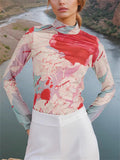 High Neck Painted Style Print Long Sleeve Shirt for Women