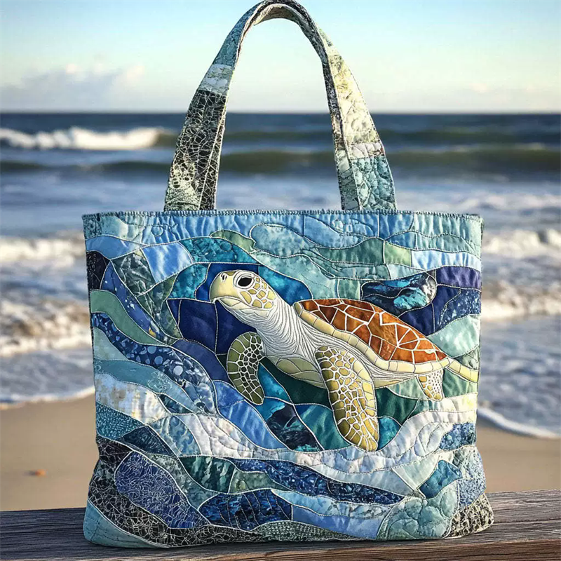 Beach Style Turtle Print Quilted Canvas Tote Bag