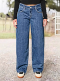 Plus Size Women's Blue Mid-Waist Loose Fit Casual Denim Pants