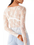 Women's Sheer Lace Mesh Long Sleeve Sabrina Neck Shirts