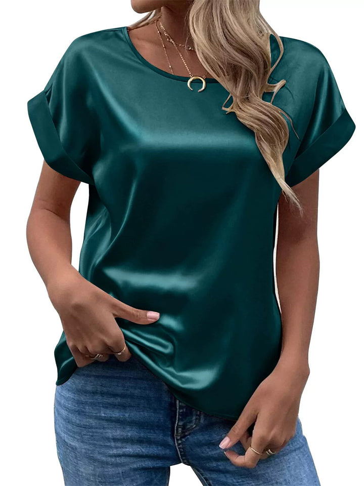 Women's Summer Simple Satin Solid Color Round Neck Short Sleeve Shirts
