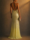 Women Sequin Backless Mermaid Evening Prom Maxi Dress