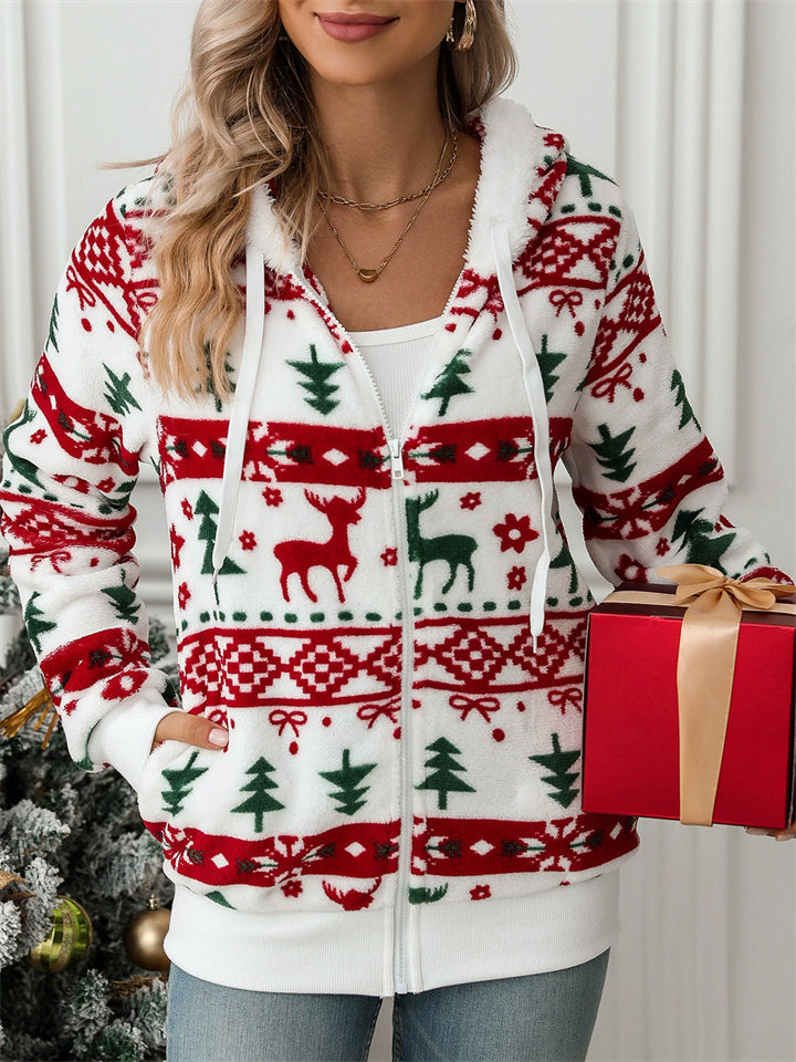 Women's Autumn Christmas Element Printed Fleece Long Sleeve Hooded Coat