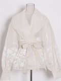 Women's French Style Elegant Lapel Long-sleeve Semi Transparent Blouses