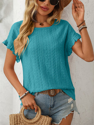 Women's Summer Hollow Macaron Color Round Neck Short Sleeve Shirts