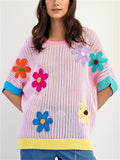Women's Summer 3D Flower Short Sleeve Knit Sweater T Shirt