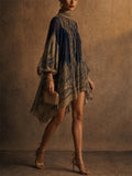 Women Gold Paisley Print Chiffon Lantern Sleeve Mini Dress