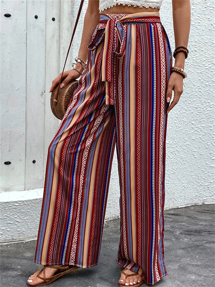 Women's Summer Contrast Color Stripe High Waist Wide Leg Pants