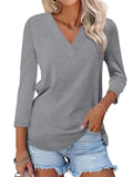 Women's Basic Casual Solid Color V Neck 3/4 Sleeve Shirts