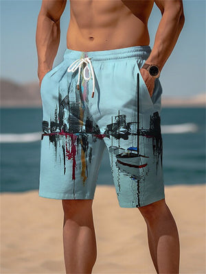 Men's Building Sailboat 3D Print Trunks Beach Shorts