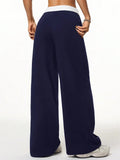 Letter Print Patchwork Drawstring Wide Leg Casual Pants for Women