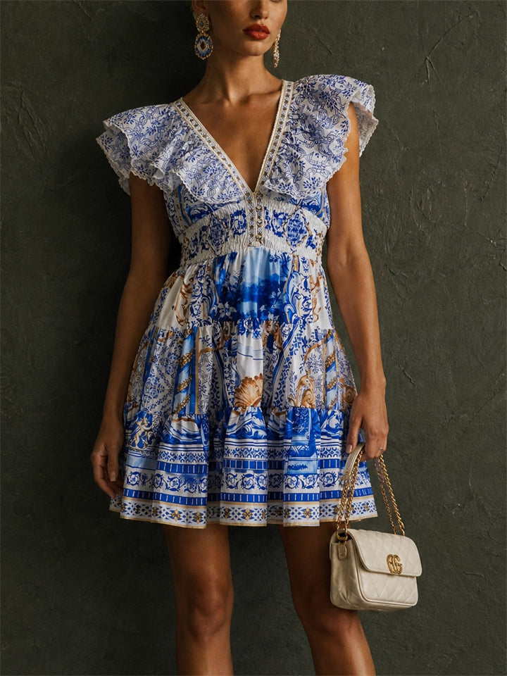 Women Mediterranean Print Backless Bow Ruffle Mini Dress