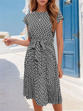 Female Popular Waist Lacing Cap Sleeve Printed Dresses