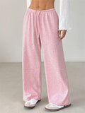 Soft Pink Wide Leg Casual Pants for Women with Drawstring Waist