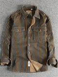 Men's Retro Cotton Long Sleeve Stripe Lapel Cargo Shirts