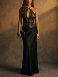 Women Lace Halter Satin Backless Evening Party Maxi Dress