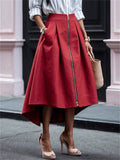 Women's Trendy Solid Color Pleated Zip Up High Waist Asymmetric Hem Skirts