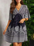 Ladies Ethnic Style Print V-Neck Knee-Length Dresses
