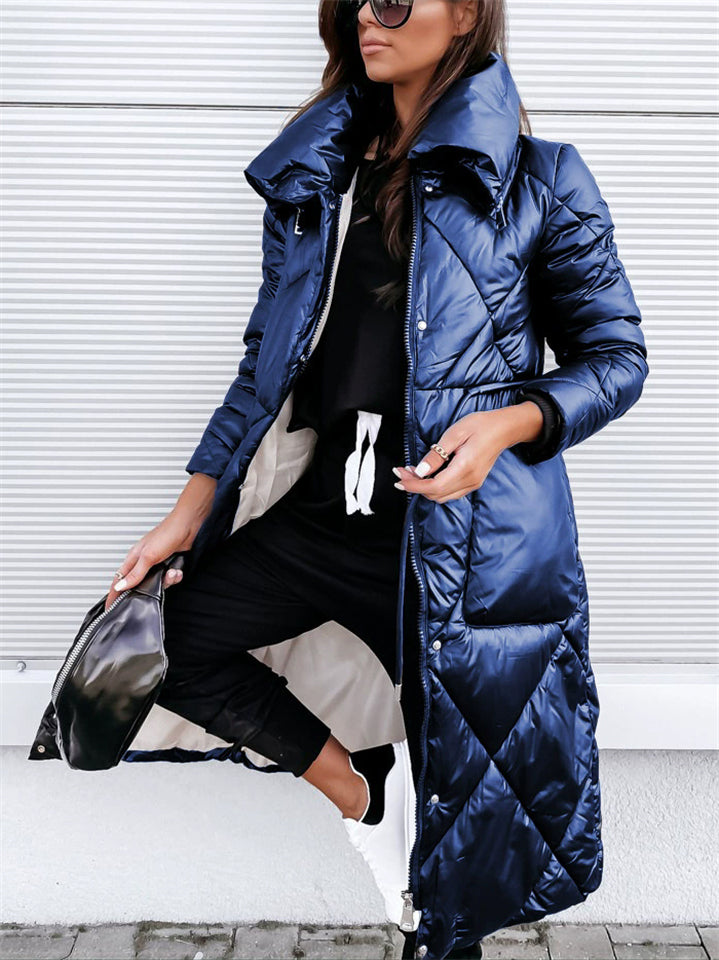 Women's Solid Color Lapel Long-sleeved Zipper Quilted Padded Coats