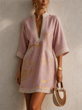 Women V Neck Boho Abstract Print Resort Lace Trim Mini Dress