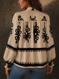 Womens Boho Style Print Lantern Sleeve V Neck Button Blouse