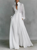 Women Spring Breathable Elegant Buttons Pleated Long Sleeve Maxi Dress