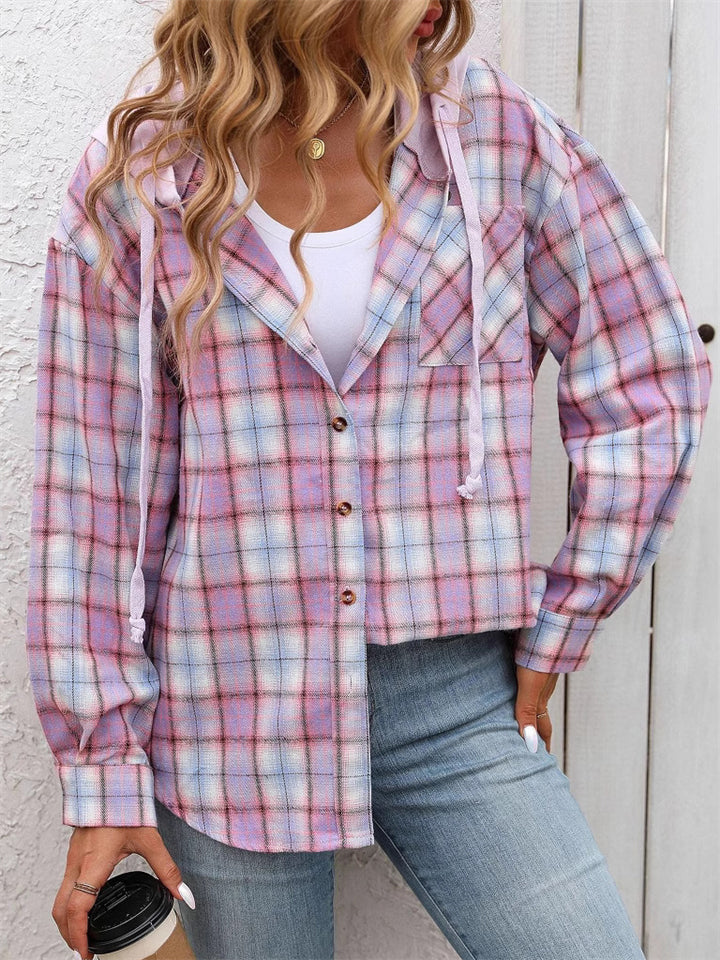 Women's Casual Contrast Color Plaid Long Sleeve Hooded Blouses