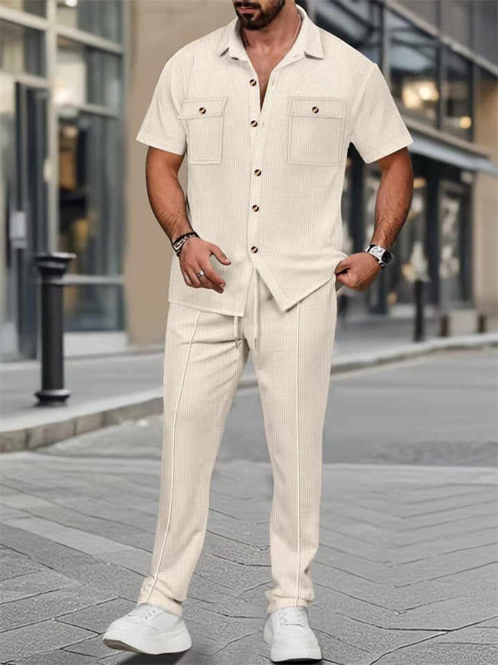 Men's Solid Color Waffle Lapel Cargo Top and Pants Set