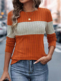 Women's Contrast Color Pit Stripe Round Neck Long Sleeve Shirt