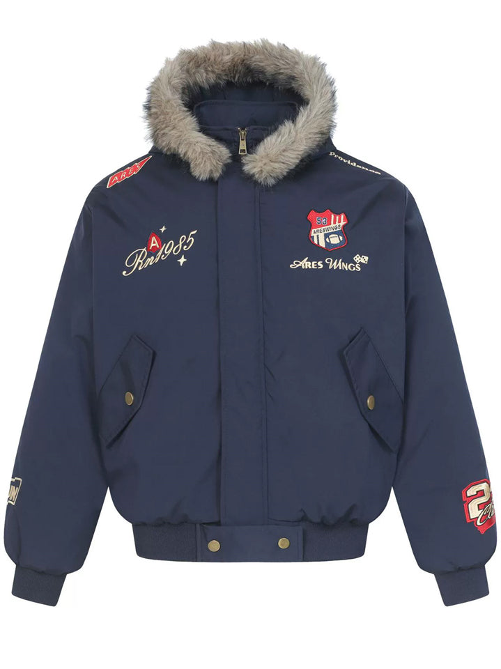 Men's Winter Warm Parka with Detachable Faux Fur Hood and Printed Badges
