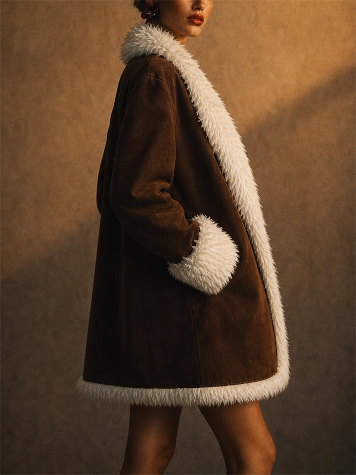 Women's Vintage Brown Suede Winter Faux Fur Trim Cardigan Coats