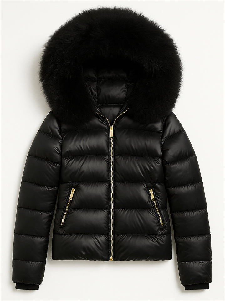 Women's Winter Warm Solid Color Hooded Coat with Faux Fur Decor